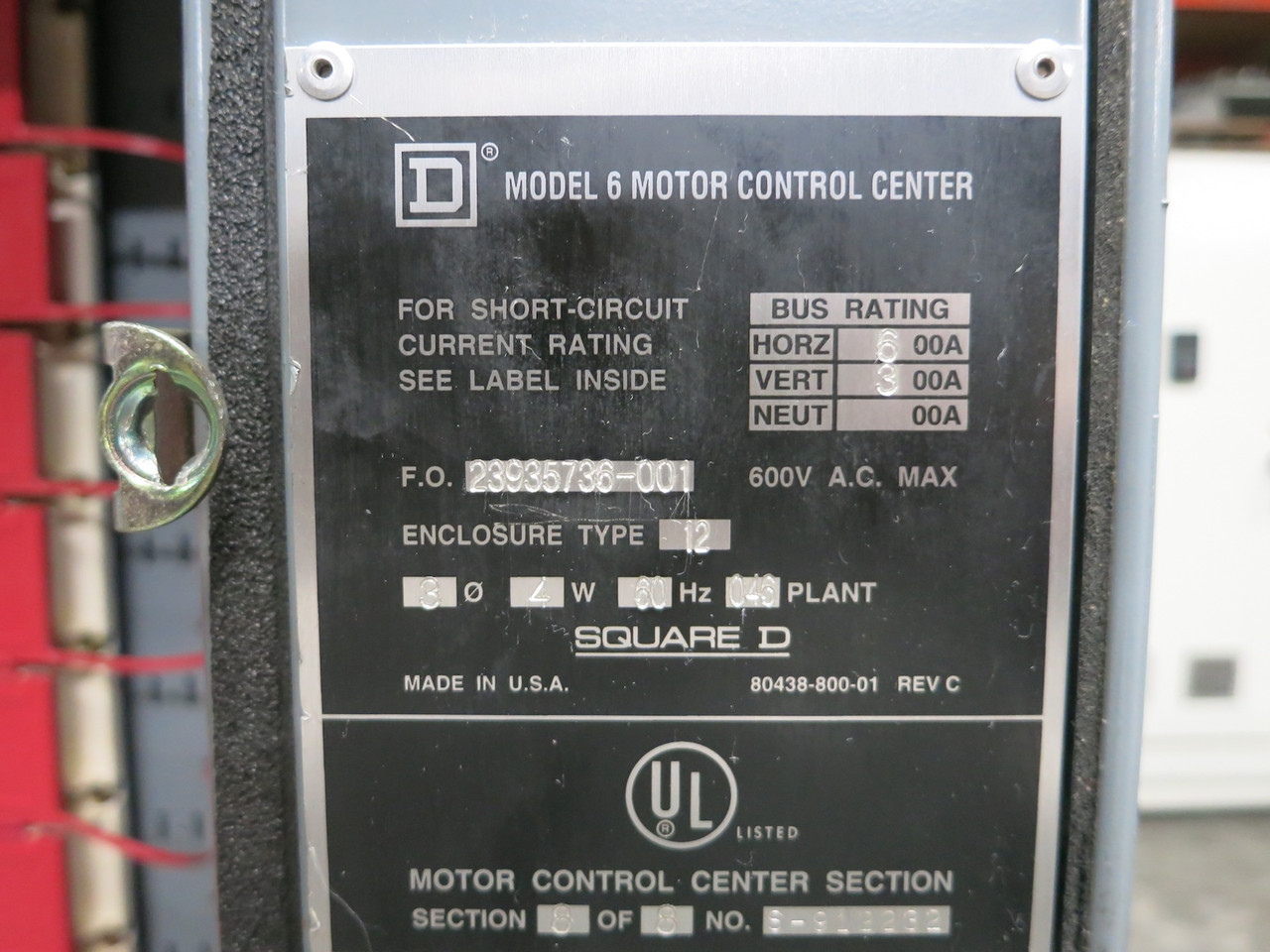 Square D Model 6 600/300 Amp MCC Motor Control Center 6x Section